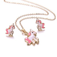 Offre Spéciale : Ensemble de Bijoux Rose Thème Animalier pour Enfants – Collier et Boucles d'Oreilles Licorne Cheval de Dessin Animé pour Filles