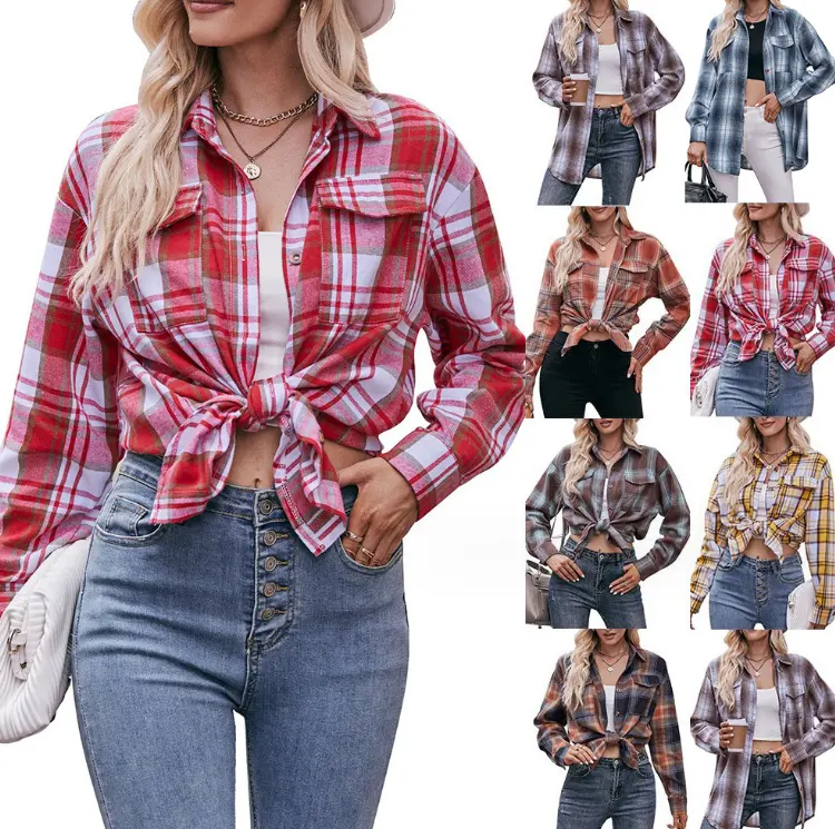 Wholesale Clothing Button Up Pocketed Fashion Plaid Flannel Shirts For Women