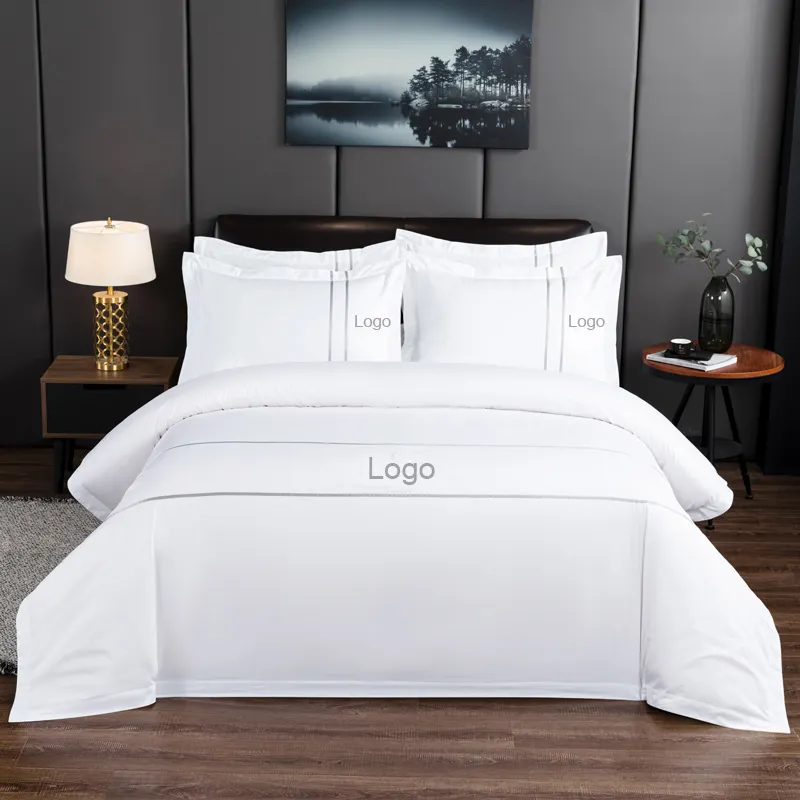 Textil para Hotel, ropa de cama de 5 estrellas, personalizada, color blanco, conjunto de ropa de cama con decoración de correas bordadas, 200tc-1000tc