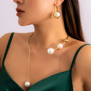 Trendy 2 Pcs/Set Gold Plated Faux Pearl Hoop Earrings Round Ball Pearl Choker Necklace Jewelry Set For Women
