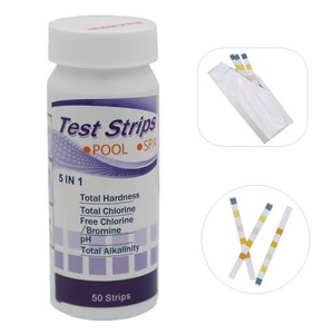 Bandelettes de test d'eau 5 en 1 faciles à utiliser, <span class=keywords><strong>testeur</strong></span> de <span class=keywords><strong>chlore</strong></span>, de <span class=keywords><strong>pH</strong></span>, de dureté, d'alcalinité pour piscine, étang à poissons, aquarium - Product Image 1