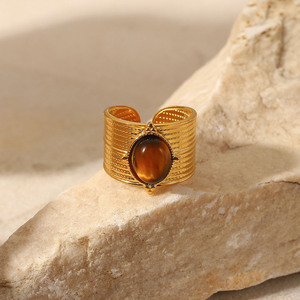 도매 18k 금 와이드 오픈 링 스테인리스 스틸 천연 마노석 반지 사우디아라비아용 - Product Image 3