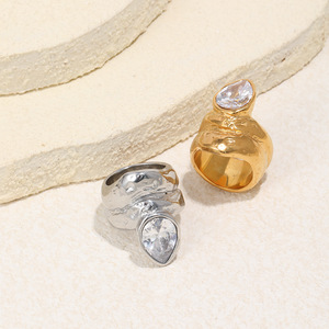 Stainless Steel 18K Gold Silver Plated Irregular Chunky <b>Ring</b> Inlaid Pear Shape Zircon Trendy Statement <b>Finger</b> <b>Ring</b> For Women - Product Image 4