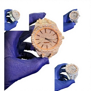 Montre de luxe pour homme en acier inoxydable avec cadran en verre rond en or rose, sertie de diamants, étanche à 10 bars, avec bracelet à fermoir, moissanite VVS1 - Product Image 1