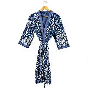 Bata Kimono Azul Acolchada Estampada de Manga Tres Cuartos con Cuello en V para Mujer, Ropa de Dormir Casual Tejida para Primavera - Product Image 1