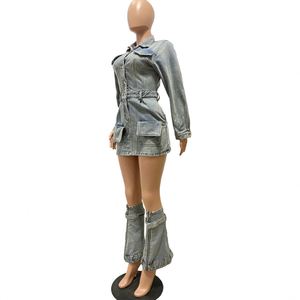 Abbigliamento Donna 2024, Set Tre Pezzi di Tendenza di Alta Qualità, Vestito Mini in Denim Lavato con Maniche Lunghe e Tasche Multiple - Product Image 4