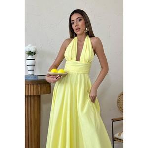 Vestido de Lino Amarillo con Cuello Halter y Cintura Imperio, Transpirable, para Fiestas o Uso Casual - Product Image 2