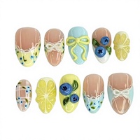 Faux ongles à presser ultra-courts, prêts à poser, avec motifs dentelle, floraux français, nœud papillon macaron et thème fruité, tendance Instagram, pour le marché international