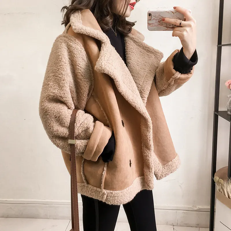 Cappotto di pelliccia di agnello alla moda 2022 nuovo coreano stile ampio personalizzato in finta pelle scamosciata giacca da moto da donna