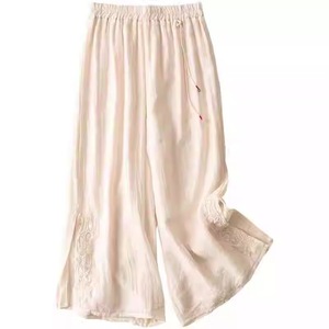 Women's Chinese Style Embroidered Cotton Linen Wide Leg Pants Pink Loose Casual Summer Pants 2025 New Arrival - Product Image 5