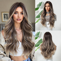 Perruque longue ondulée brune blonde transparente avec dentelle respirante, résistante à la chaleur, en fibre capillaire, pour femme