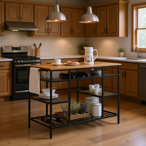 Isola da Cucina con 4 Ripiani, Piano in Rovere e Struttura in Metallo Nero, Design Moderno per Stoccaggio e Servizio in Cucina - Product Image 2