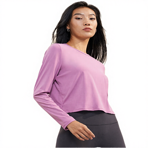 Chemises de sport légères à manches longues pour femmes avec logo personnalisé, antibactériennes, unies, 100g, amples, pour le fitness et le yoga - Product Image 2