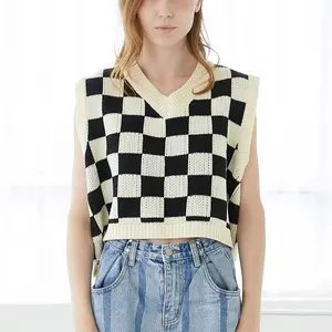 Wholesale Custom Knit Sweater Vest Sleeveless Oversized Pullover Tank Top Checkerboard 100% Cotton Knitwear For Women
