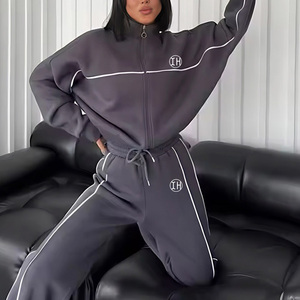 Custom <span class=keywords><strong>Ladies</strong></span> <span class=keywords><strong>Casual</strong></span> Striped Trainings anzug 2 Stück Langarm Full Zip Top Kordel zug Breite Straight Pants <span class=keywords><strong>Outfits</strong></span> - Product Image 2