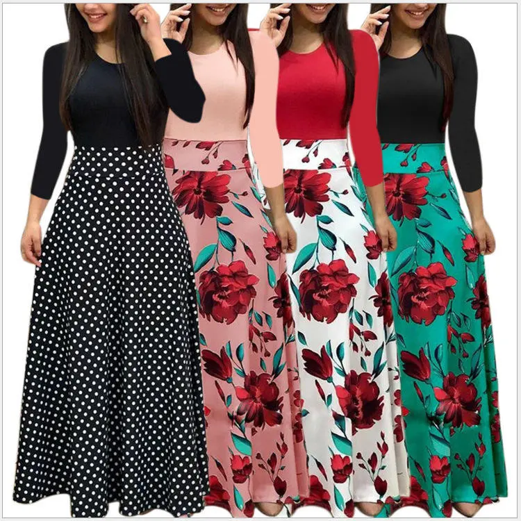 Ecoparty Spring Autumn Women Dress Female Fashion Long Sleeve Floral Print Long Maxi Ladies Dress