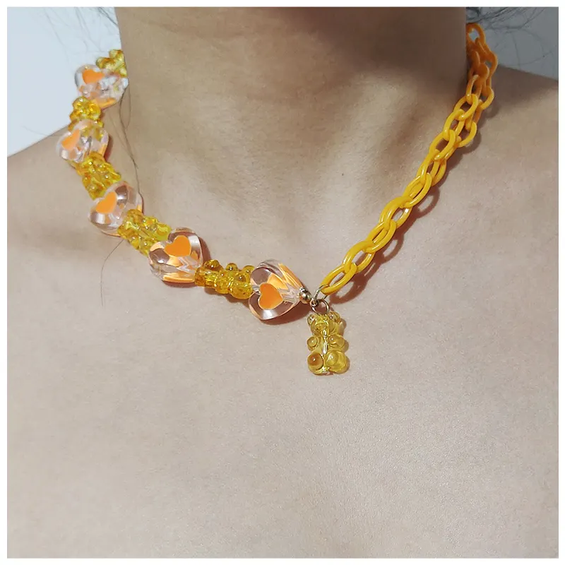 Macaron couleur résine claire mélange deux types de chaînes gommeux ours pendentif collier coloré acrylique chaîne déclaration collier