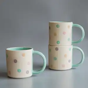 New Arrival Retro Matte Porcelain Tea Water Cup Colorful Polka Dots Design Cream Stoneware Coffee Mug