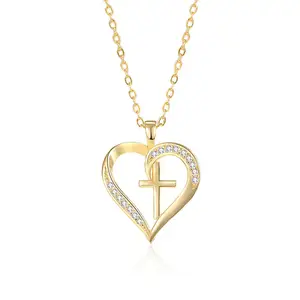 Nouveau design en argent sterling 925 plaqué or 18 carats pendentif coeur avec collier croix pour femmes