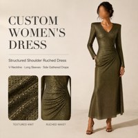 Robe longue texturée et froncée pour femme, à épaules structurées, col en V, manches longues, fabrication de vêtements sous marque privée
