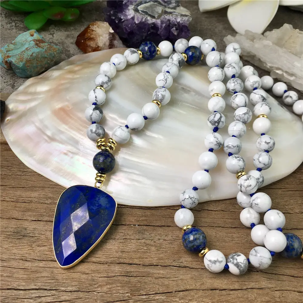 LS-A921 Hot Ins Amazon Phụ Nữ Howlite Mala Lapis Lazuli Tim Mặt Dây Chuyền Yoga Vòng Cổ Thời Trang Dài Thắt Nút Hạt Vòng Cổ