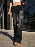 Celana Jeans Wanita Vintage Hitam-Abu-abu Model Skinny Flare dengan Bordir Ranting Bunga Putih yang Halus Gaya Y2K Kasual Musim Panas