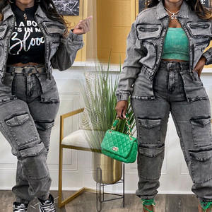 Pantaloni lunghi in <span class=keywords><strong>Denim</strong></span> lavati Multi-tasca da donna alla moda 2024 Set Casual in <span class=keywords><strong>Denim</strong></span> due pezzi - Product Image 2