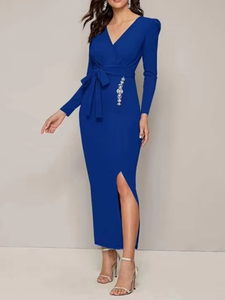 Vestidos Casuales Azules de Otoño para <span class=keywords><strong>Mujer</strong></span>, de Alta Calidad, en Poliéster, Corte Entallado, Manga Larga, Cuello en V, Abertura Lateral, Personalizados - Product Image 2