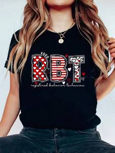T-shirt da donna Rbt Registered Behavior Technician, girocollo nero, manica corta, stampa a cuore, San Valentino, alla moda, casual - Product Image 3