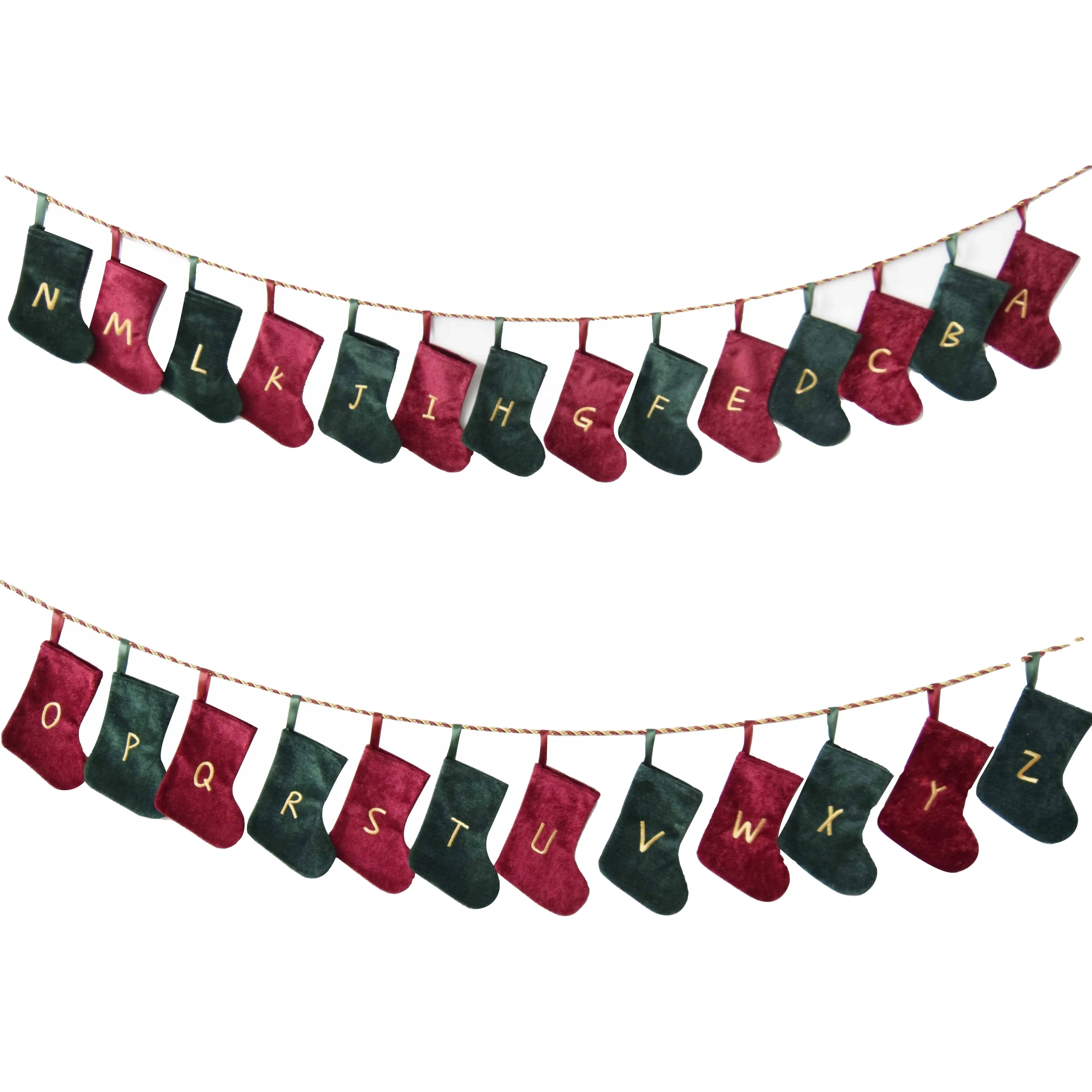Velvet stocking embroider letter A-Z Green and Red mini Christmas stocking 26pcs per set