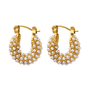 Pendientes colgantes de aro de perla de oro de 18 quilates de acero inoxidable sin deslustre de alta calidad, accesorio de fiesta de moda para mujer - Product Image 1