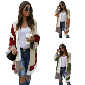 Womens Color Block Striped Draped Long Sleeve Open Front Casual Knit Kimono Cardigans Sweater