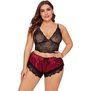 Ensemble de lingerie grande taille pour femme, bralette en dentelle et short, pyjama deux pièces, vêtements de nuit sexy - Product Image 1