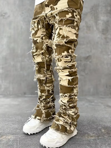 جودة عالية للرجال القطن الدنيم الشارع السراويل الجملة منتصف مستقيم تأثير الشارب المتعثرة غسل ممزق الجينز مكدسة - Product Image 3