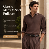 Pull en maille fine marron foncé à col en V pour homme, anti-plis, couleur unie, coupe ajustée minimaliste, essentiel pour l'hiver et les tenues professionnelles