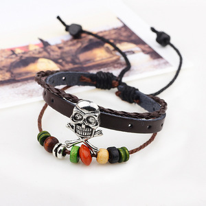 Skull Design <b>Braided</b> Leather Bracelet With <b>Beads</b> And Crossbones Multi Strap Waxed Rope Jewelry For Men And Women - Product Image 2