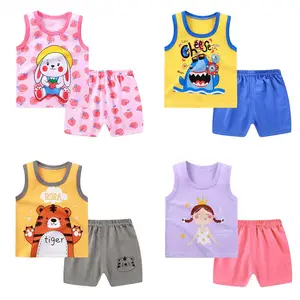 Set di vestiti per bambini senza maniche in cotone per bambini senza maniche in cotone cartoon 2 pezzi all'ingrosso