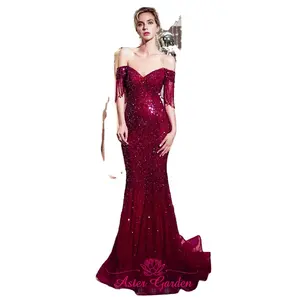 2023 Evening Dress Long Off the Shoulder Tassel Beaded Evening Gown Luxury Burgundy Prom Dress Party Gown Robe de Soiree PE24-2