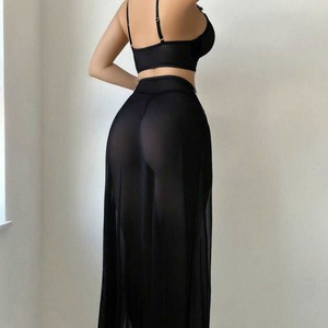 Pure Desire Girl Bow Sexy Mesh Split Long Dress Pearl Chain Mesh Temptation Perspective Set Long Dress Women - Product Image 6