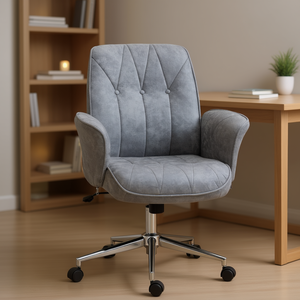 Chaise de bureau à dossier moyen gris, revêtement en velours, base en acier, pivotante, réglage manuel, design contemporain - Product Image 2