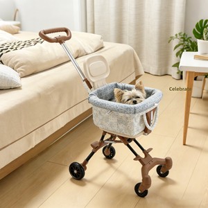 Poussette pliable légère à 4 roues pour animaux de compagnie avec panier de transport amovible en tissu floral, poussette tricycle portable pour chat et chien à vue haute - Product Image 3