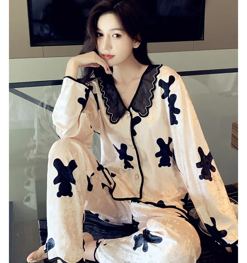 Custom Designer Women's Pajamas Set Velvet Sleepwear Cute Bow Print Homewear Casual Lace Nightwear Luxury Pyjamas Femme for Girl