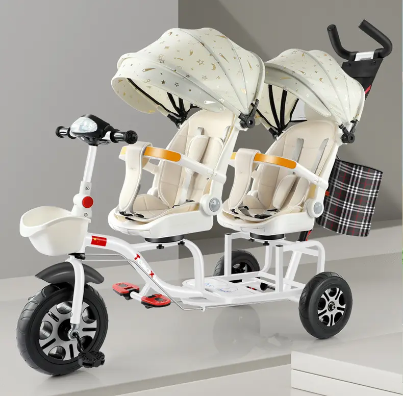 Tricycle durable à deux places pour enfants Tricycle réglable en métal et acier pour enfants de 1 à 6 ans Poussette pour bébé à trois roues