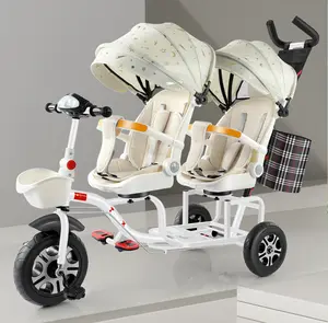 Durable Two-Seat Children's Tricycle Adjustable Steel Metal Tricycle for 1-6 Years Old Kids Three Wheels Baby Stroller