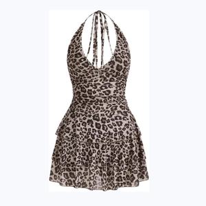 Robe Courte Décontractée d'Été pour Femmes, Imprimé Léopard, Col Halter en V, Sexy, Plissée, pour Soirée, Méthode de Tissage – Grande Vente - Product Image 1