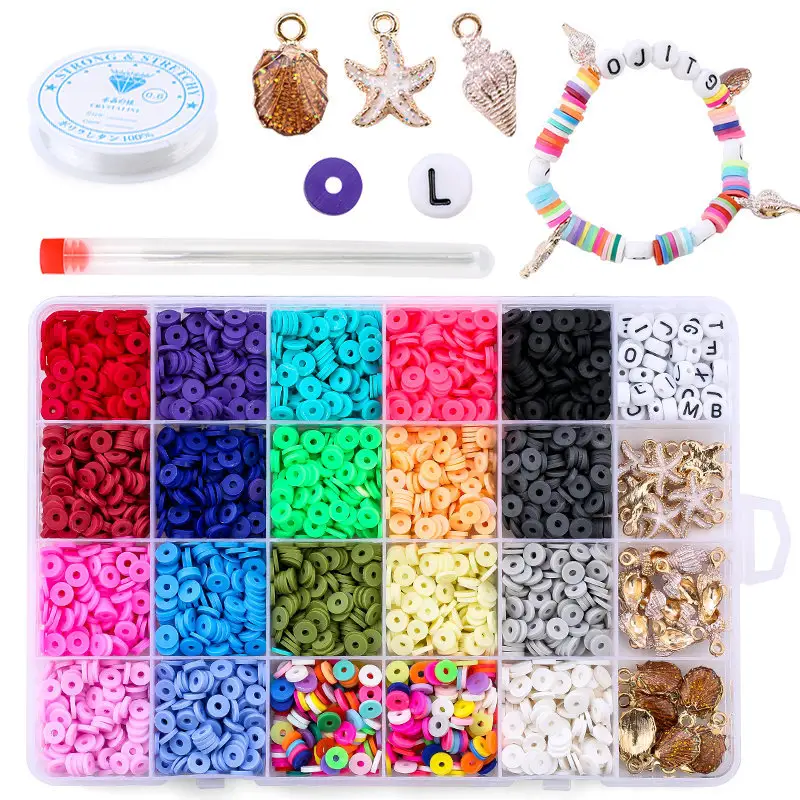DIY011 Clay Beads for Bracelet Making Kits 24 Colors Flat Clay Bead Strings for Jewelry Making Kit Bracelets Necklace for Girls