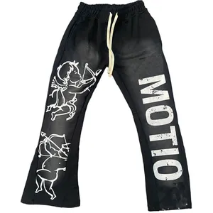 OEM Personalizado Tecido De Algodão Streetwear Flare Track Jogger 3D Puff Imprimir Fleece Sweatpants Stacked Sweatpants Quebra-cabeças Sweatpants Homens