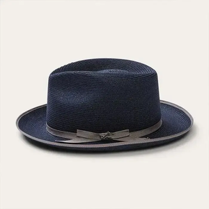 Elegant <b>Navy</b> Blue Woven Straw Fedora <b>Hat</b> for Men Breathable Wide Brim Summer Dress <b>Hat</b> with Grosgrain Trim - Product Image 3