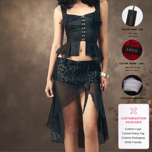 Ensemble de Lingerie Sexy pour Femme Dierlove avec Logo Personnalisé, Corset Noir à Fermeture Avant, Jupe Asymétrique Transparente à Paillettes, Idéal pour les Soirées - Product Image 1