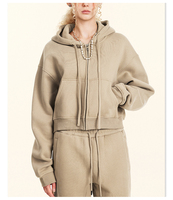 HETH137 Sudadera con capucha de algodón polar corta de 360 g/m² de estilo Y2K vintage a la moda para mujer, con cremallera, logotipo OEM bordado, MOQ bajo